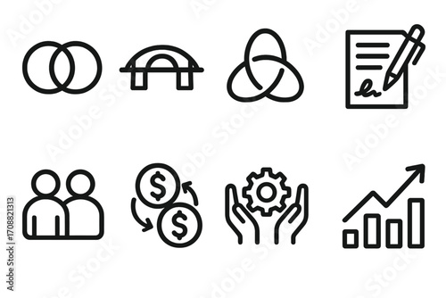 Business solutions linear icon set. featuring merger, collaboration, teamwork, contract, finance, growth, and strategy symbols