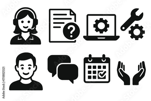 Customer support silhouette icon set. featuring call center, faq, technical support, chat, and schedule