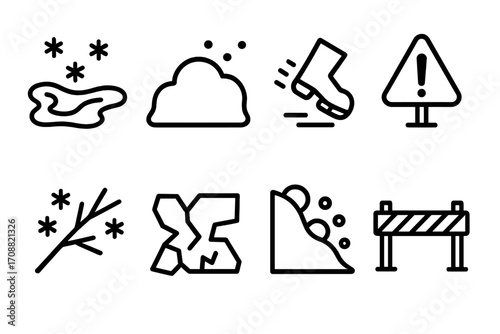 Winter hazards silhouette icon set. featuring ice, snow, sleet, warning, avalanche, and barrier symbols