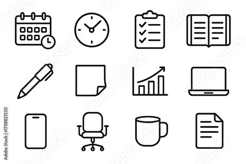 Office supplies linear icon set. featuring calendar, clock, checklist, notebook, pen, document, chart, laptop, smartphone, chair, mug