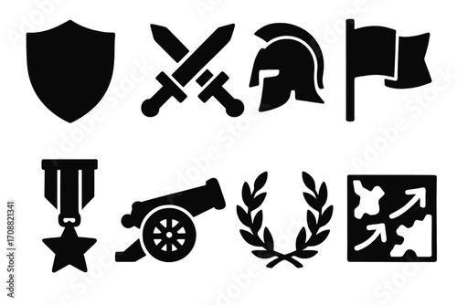 Military and war silhouette icon set. featuring shield, swords, helmet, flag, medal, cannon, laurel, map symbols
