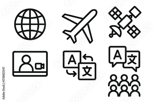 Technology silhouette icon set. featuring globe, airplane, satellite, webinar, translation, communication symbols