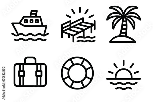 Travel and vacation linear icon set. featuring boat, pier, palm tree, suitcase, lifebuoy, and sunset