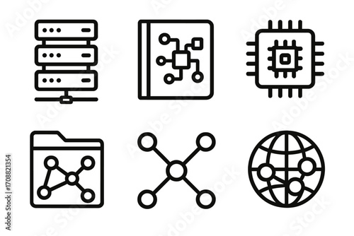 Technology network linear icon set. featuring server, blockchain, microchip, folder, nodes, and globe symbols