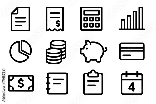Finance and accounting linear icon set. featuring document, receipt, calculator, chart, pie, and coins symbols