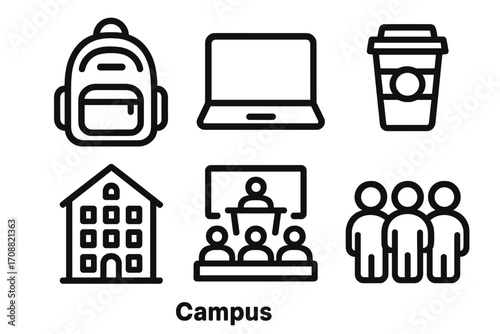 Education and campus linear icon set. backpack, laptop, coffee cup, building, classroom, students