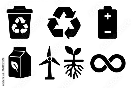 Environment and sustainability silhouette icon set. featuring recycle, battery, wind, plant, and infinity symbols