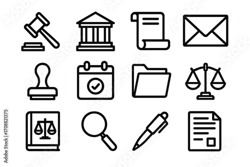 Legal silhouette icon set. featuring judge, courthouse, document, envelope, scales, and folder symbols