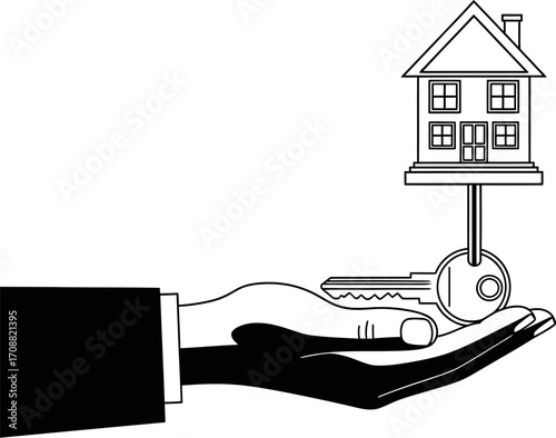 Hand offering a house and key, symbolizing homeownership and real estate opportunity.