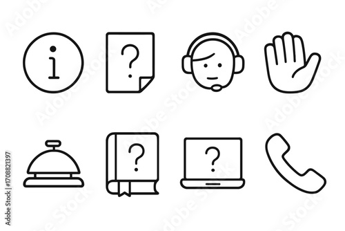 Customer service linear icon set. featuring info, document, operator, hand, bell, book, laptop, phone