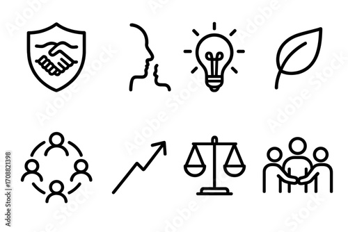 Business ethics linear icons set. featuring agreement, communication, innovation, sustainability, teamwork, growth, justice symbols