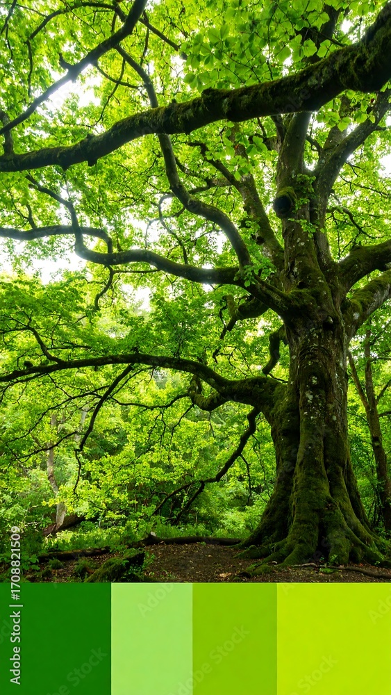 Fototapeta premium Lush green tree canopy with mossy roots and color palette