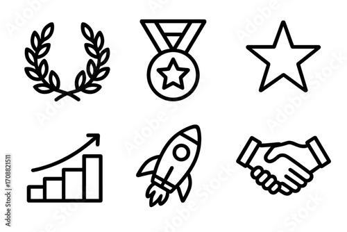 Awards and achievement linear icons set. featuring laurel wreath, medal, star, growth, rocket, handshake