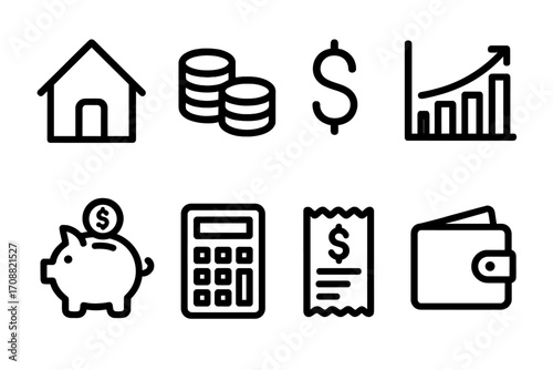 Finance and economy silhouette icon set. featuring home, coins, dollar, chart, piggy bank, calculator, receipt, wallet symbols