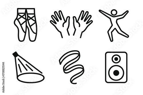 Dance and performance silhouette icon set. featuring ballet, jazz hands, cheerleading, speaker, ribbon, performer