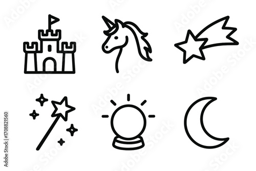 Fantasy elements linear icon set. featuring castle, unicorn, shooting star, magic wand, crystal ball, moon