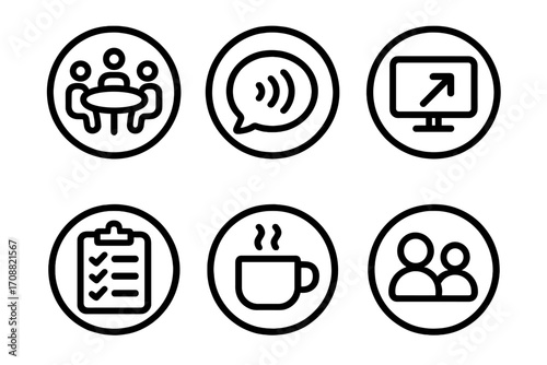Business meeting linear icon set. featuring meeting, chat, presentation, checklist, coffee, and team symbols