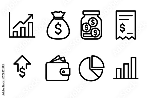 Finance linear icon set. featuring graph, money bag, savings jar, receipt, wallet, pie chart, and bar chart symbols
