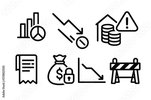 Economic crisis linear icon set. featuring recession, debt, inflation, bankruptcy, warning, loss, and barrier symbols