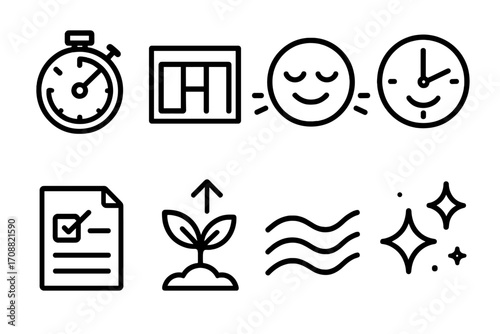 Time management linear icon set. featuring stopwatch, calendar, sleep, clock, task list, growth, and relaxation symbols