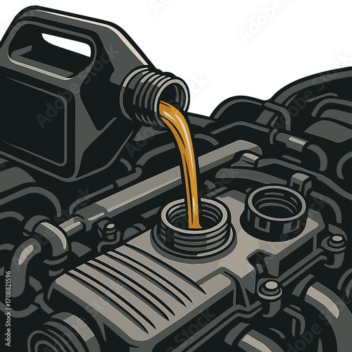 Close-up of motor oil flowing into a car engine during maintenance, showcasing golden liquid, metallic textures, and an industrial aesthetic