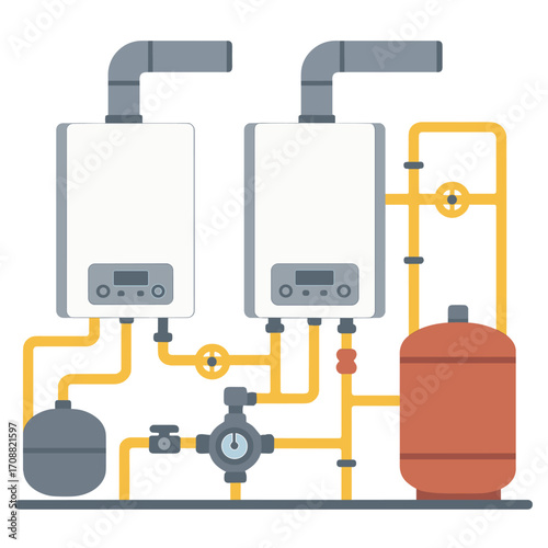 Contemporary boiler room equipped with gas boilers for industrial heating