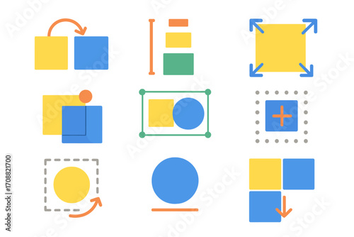 Design tools silhouette icon set. featuring crop, layer, align, rotate, zoom, and resize symbols