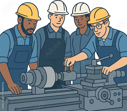 A diverse group of workers in overalls and safety helmets operates a lathe to machine a workpiece inside a spacious production department