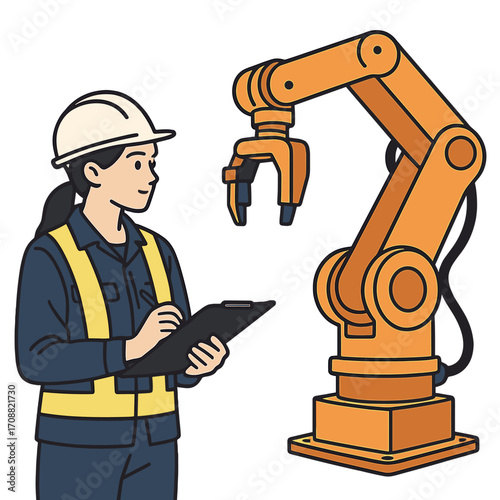 A female engineer wearing a helmet inspects and controls a heavy machine with a robotic arm during construction and installation in an industrial factory, while a technician checks for repair and
