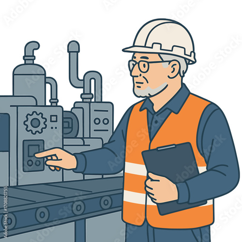 A senior mechanical engineer, wearing a safety uniform and glasses, inspects the operation of the factory machines