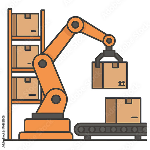 The industrial robot arm places a carton onto the conveyor in the warehouse