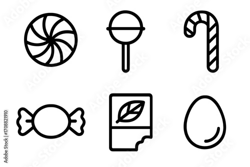 Sweets linear icon set. featuring peppermint, lollipop, candy cane, candy, chocolate, and egg.