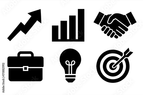 Business growth silhouette icon set. featuring arrow, graph, handshake, briefcase, lightbulb, target symbols