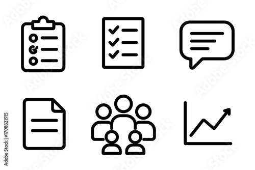 Business management linear icon set. featuring checklist, report, chat, document, team, and growth symbols