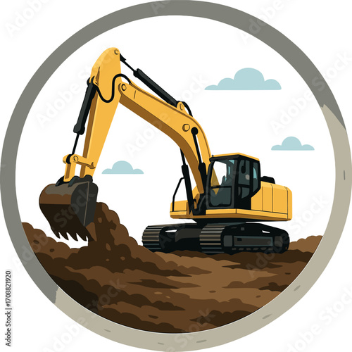 A robust Caterpillar excavator shovels the earth beneath a clear blue sky, performing heavy earthworks at the construction site, as seen from a large concrete pipe