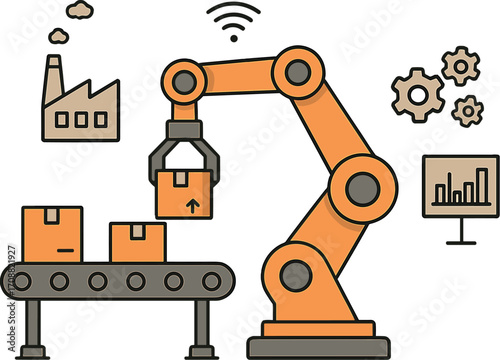 An industrial robot integrated with a conveyor in a manufacturing factory embodies the Smart Factory Industry 4