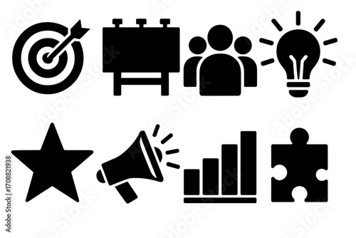 Business strategy silhouette icon set. featuring target, presentation, team, idea, star, marketing, growth, puzzle symbols.