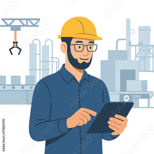 A man holds a tablet while working in a contemporary factory