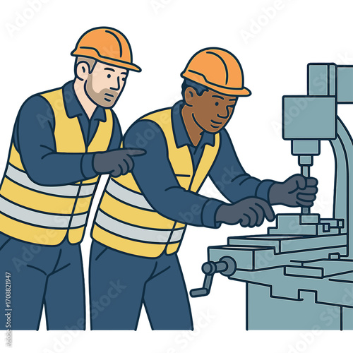 Mixed‑race workers collaborate, helping each other operate heavy industrial machinery on the factory production line while wearing safety suits, with engineers working alongside the staff