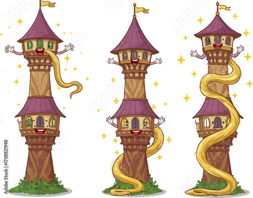 Cute Rapunzel towers, cartoon fairy tale buildings, smiling castle characters, magical hair towers, whimsical architecture illustration, fantasy princess design, adorable storybook castles, 