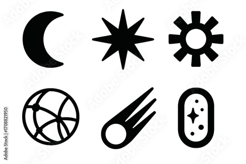 Space elements silhouette icon set. featuring moon, star, sun, planet, comet, and asteroid symbols