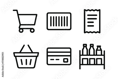 Shopping and payment linear icons set. featuring cart, barcode, receipt, basket, credit card, shelf