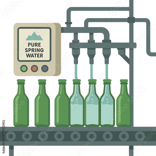 Water bottling plant – a line that processes and bottles pure spring water into green glass bottles, with a selective focus
