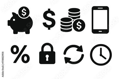 Finance silhouette icon set. featuring piggy bank, dollar sign, coins, smartphone, percentage, lock, sync, clock