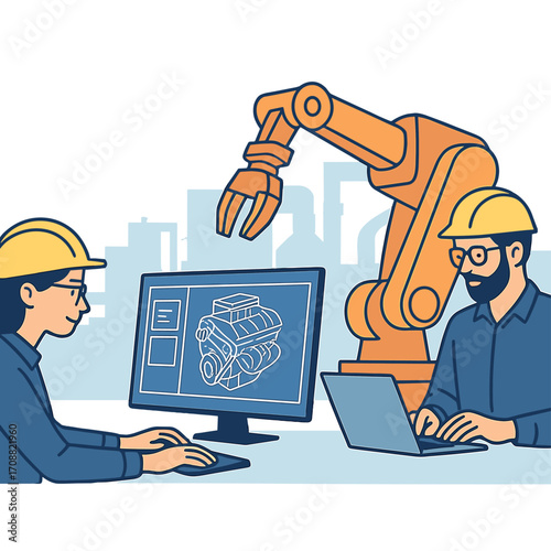 In the factory, a female mechanical engineer designs a 3D engine on her personal computer while a male automation engineer programs a robotic arm on his laptop