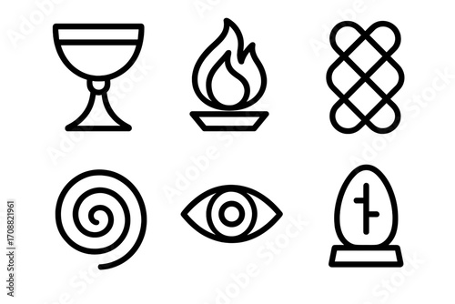 Mystical symbols silhouette icon set. featuring chalice, fire, knot, spiral, eye, and tombstone icons
