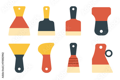 Construction tools flat icon set. featuring paint scraper, wide scraper, spatula, drywall, putty knife