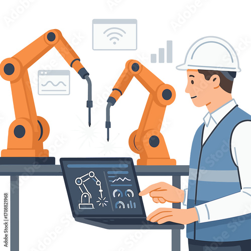 An engineering manager monitors and controls automated robotic arm machinery in an intelligent industrial factory using real‑time monitoring software, overseeing welding robotics and digital