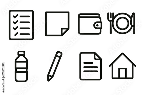 Daily essentials linear icon set. featuring checklist, sticky note, wallet, dining, bottle, pencil, document, house.