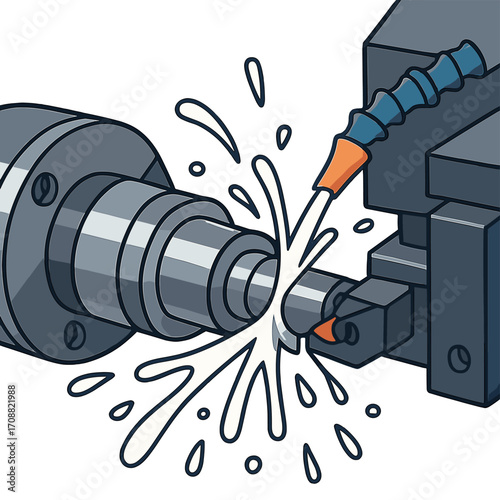 Close-up of a CNC turning machine cutting metal with iron tools, splashing water